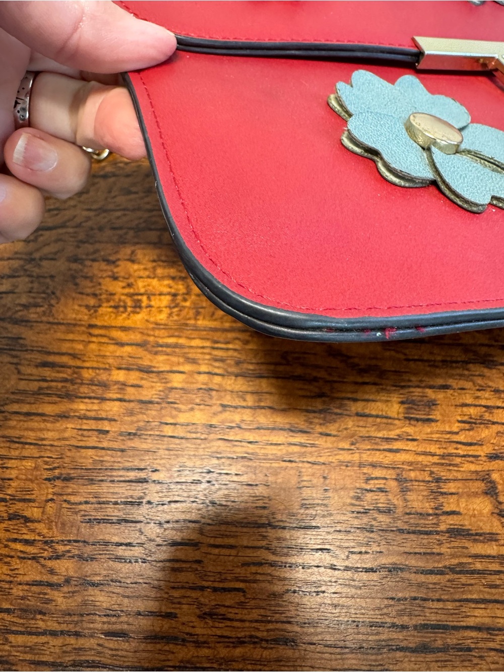 Vibrant 3-D Red Leather Crossbody Bag with Multicolor Floral Appliqués - Picture 11 of 13